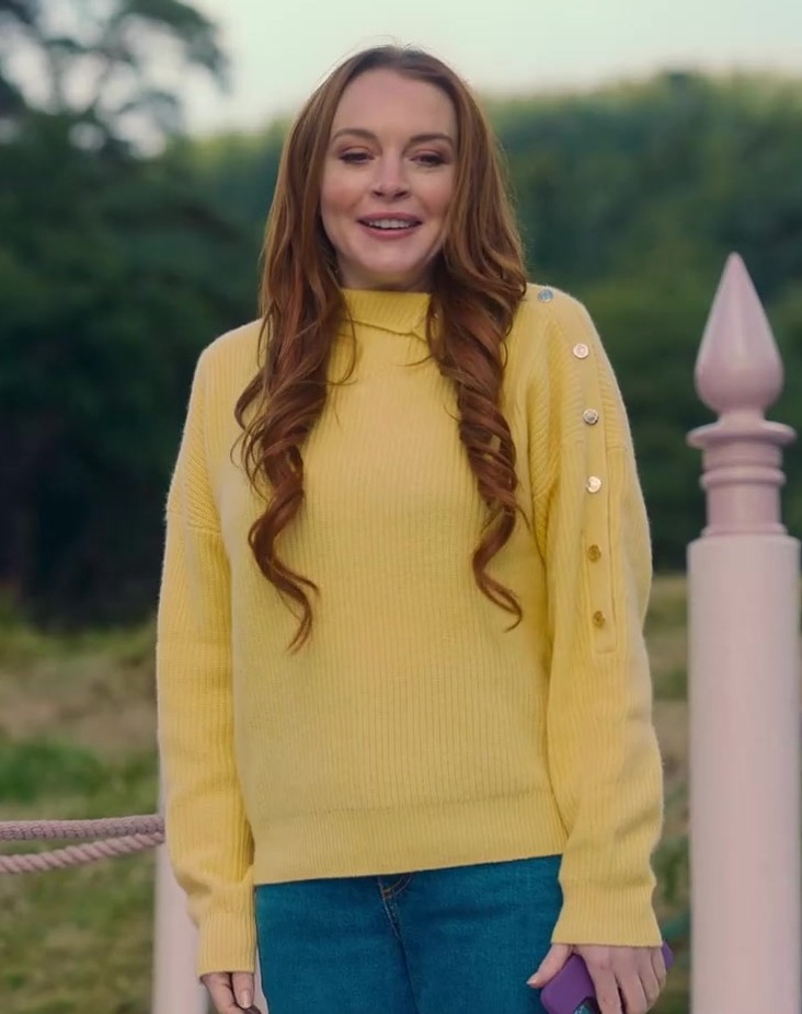 Yellow Chunky Knit Sweater with Unique Arm Button Embellishments of Lindsay Lohan as Madeline "Maddie" Kelly