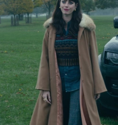Camel Tan Wool Coat with Faux Fur Collar Worn by Kaya Scodelario as Susie Glass