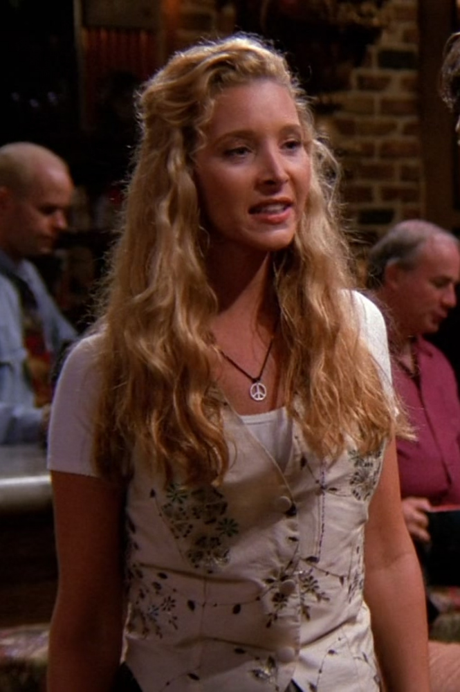 white floral print button front v-neck vest - Lisa Kudrow (Phoebe Buffay) - Friends TV Show