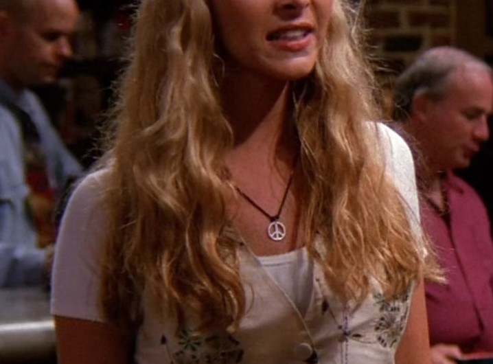 White Floral Print Button Front V-Neck Vest of Lisa Kudrow as Phoebe Buffay