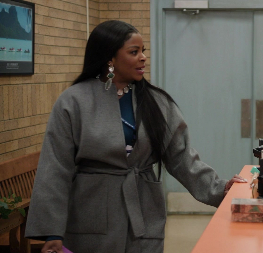 grey wrap coat - Janelle James (Ava Coleman) - Abbott Elementary TV Show