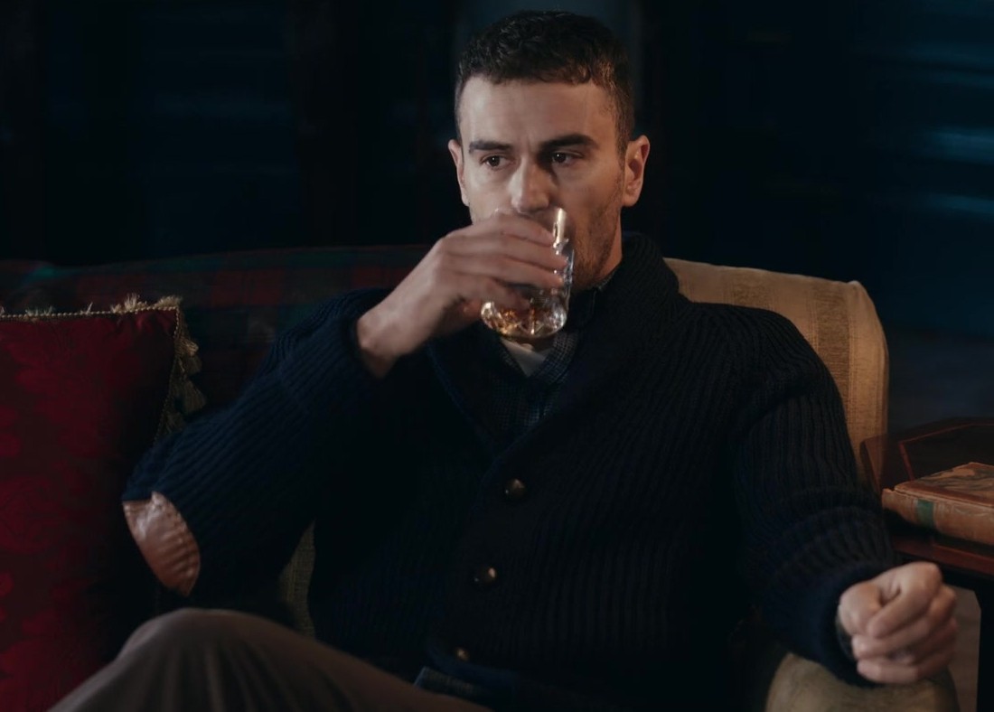 Dark Blue Knit Cardigan Worn by  Theo James as Eddie Horniman