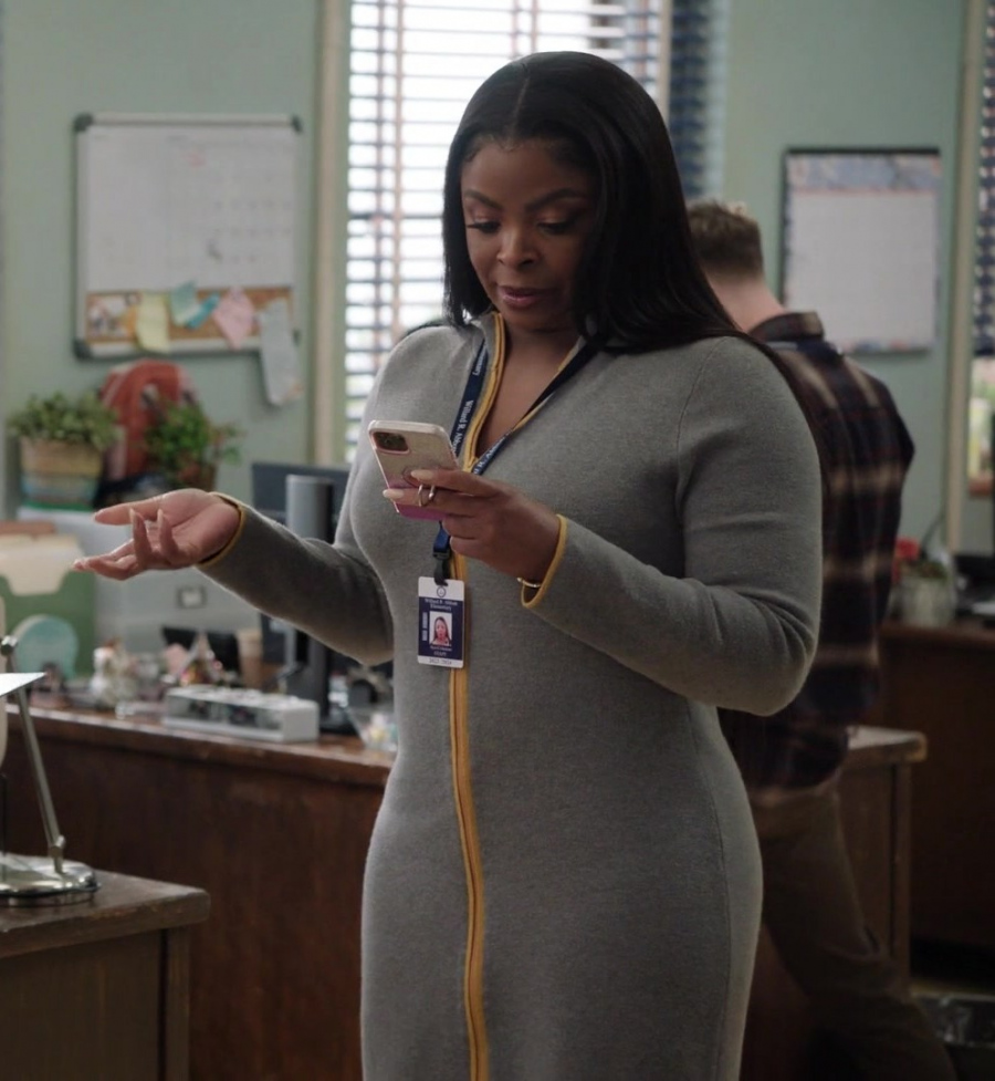 grey long sleeve sweater full zip midi dress - Janelle James (Ava Coleman) - Abbott Elementary TV Show