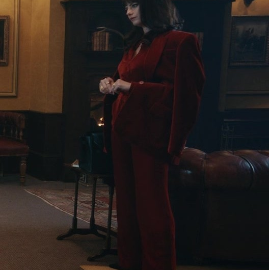 High-Waisted Ruby Red Velvet Wide Leg Pants Worn by Kaya Scodelario as Susie Glass