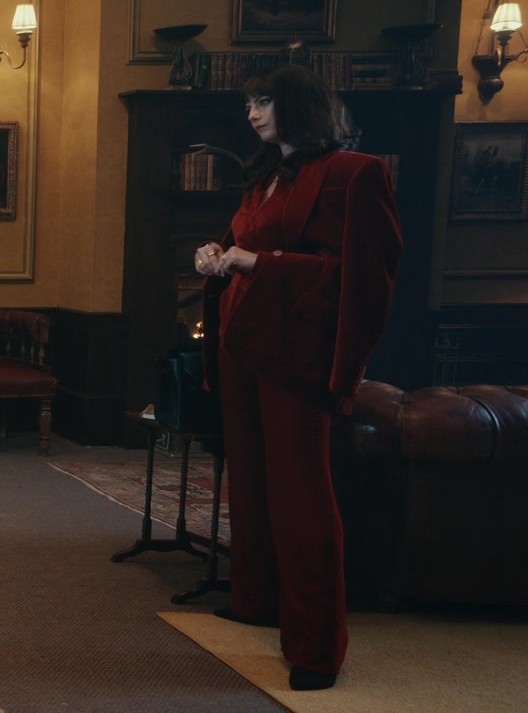 high-waisted ruby red velvet wide leg pants - Kaya Scodelario (Susie Glass) - The Gentlemen TV Show