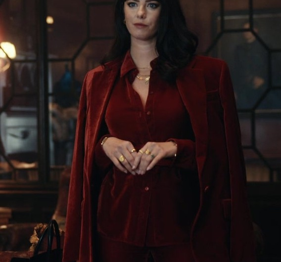 Red Velvet Button-Down Shirt of Kaya Scodelario as Susie Glass