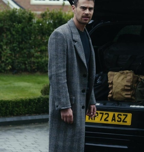 Tartan Grey Tweed Long Coat Worn by Theo James as Eddie Horniman