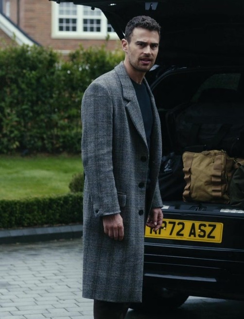 Tartan Grey Tweed Long Coat Worn by Theo James as Eddie Horniman