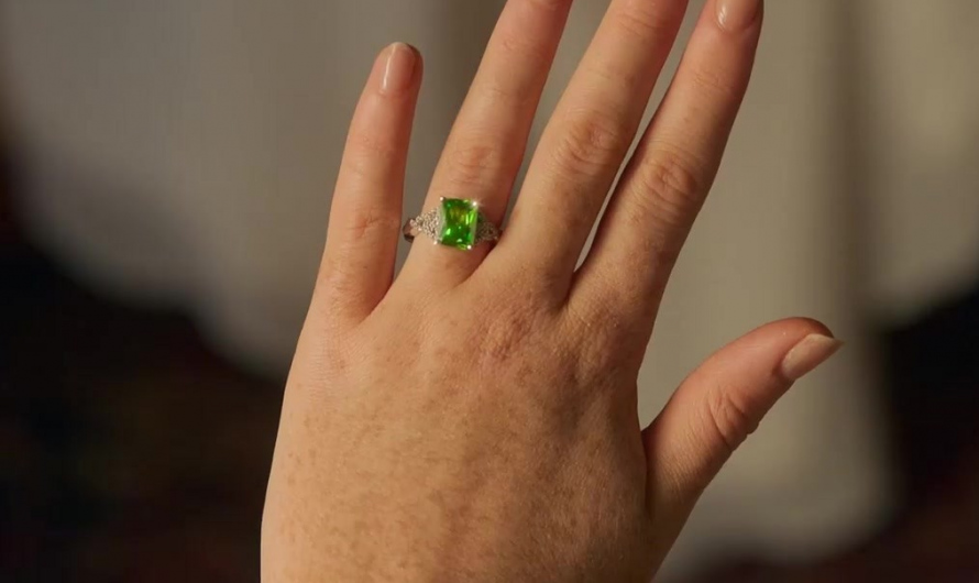 Emerald Cut Vivid Green Peridot Ring with Diamond Side Stones Worn by Lindsay Lohan as Madeline “Maddie” Kelly