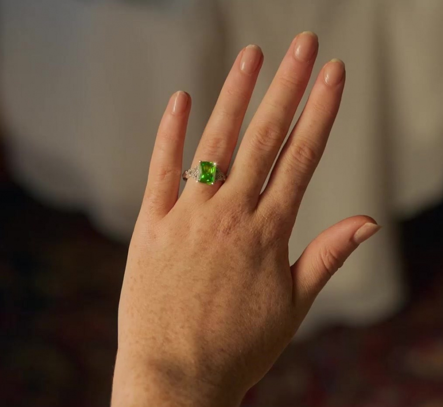Emerald Cut Vivid Green Peridot Ring with Diamond Side Stones Worn by Lindsay Lohan as Madeline "Maddie" Kelly