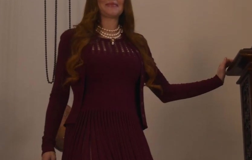 Burgundy Fit and Flare Knit Dress with Pleated Skirt Worn by Lindsay Lohan as Madeline “Maddie” Kelly