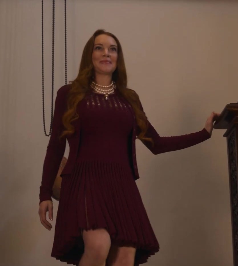 Burgundy Fit and Flare Knit Dress with Pleated Skirt Worn by Lindsay Lohan as Madeline "Maddie" Kelly