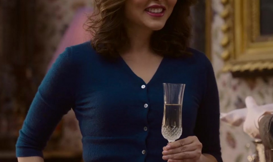 Sapphire Blue Fitted V-Neck Cardigan Worn by Elizabeth Tan as Emma Taylor