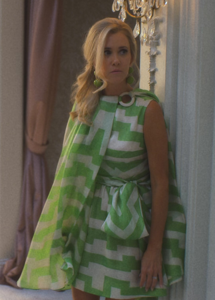 green and white geometric patterned dress - Kristen Wiig (Maxine Simmons) - Palm Royale TV Show