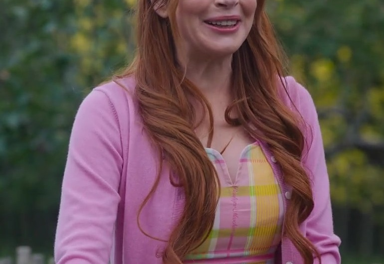 Soft Blush Pink Cardigan with Ribbed Trim and Front Button Closure Worn by Lindsay Lohan as Madeline “Maddie” Kelly