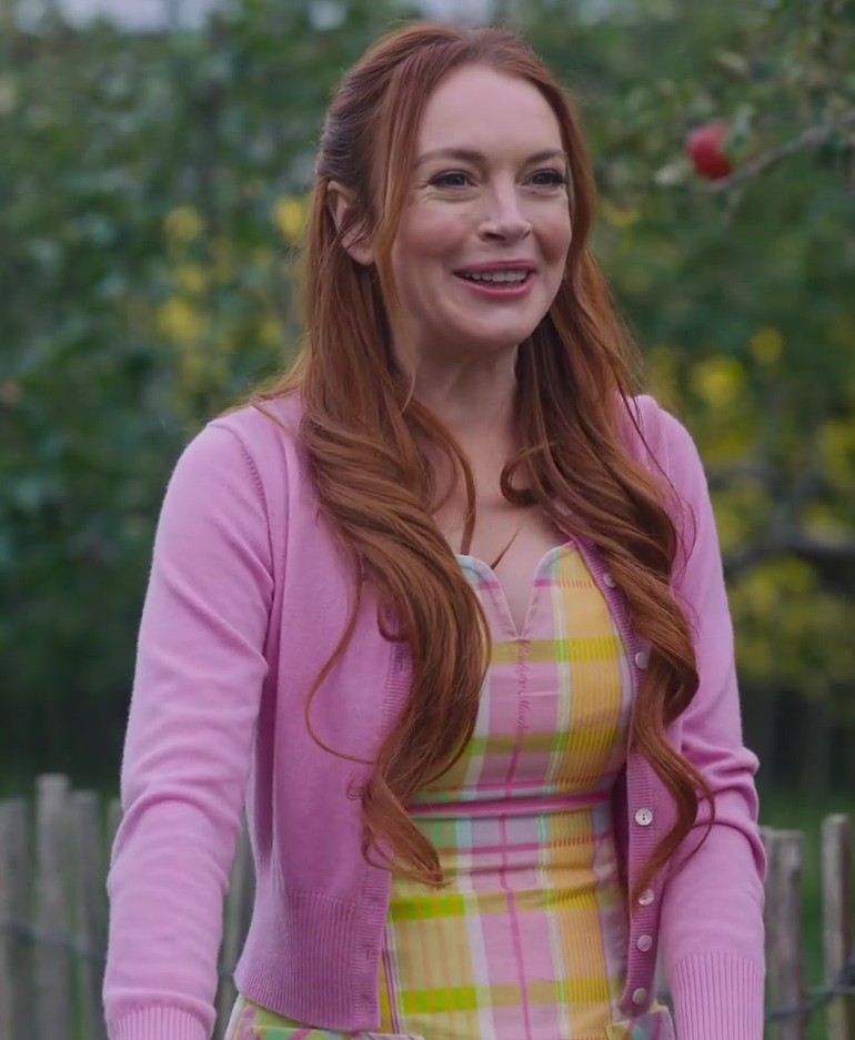 soft blush pink cardigan with ribbed trim and front button closure - Lindsay Lohan (Madeline "Maddie" Kelly) - Irish Wish (2024) Movie