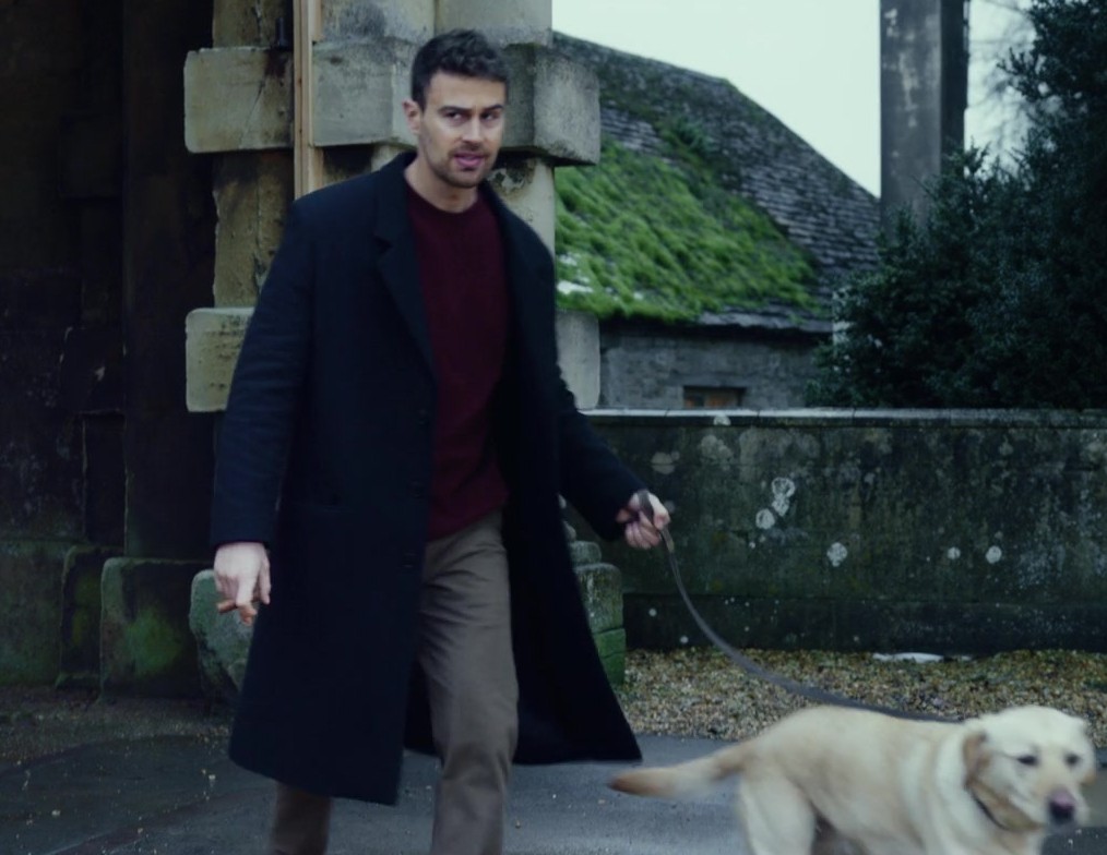 Navy Blue Tailored Wool Coat with Sleek Single-Breasted Design Worn by Theo James as Eddie Horniman