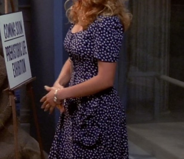 Navy Blue Polka Dot Midi Dress with Short Puff Sleeves and Sweetheart Neckline Worn by Anita Barone as Carol Willick