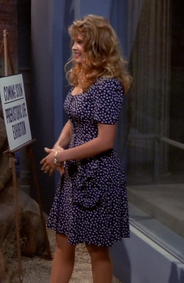 navy blue polka dot midi dress with short puff sleeves and sweetheart neckline - Anita Barone (Carol Willick) - Friends TV Show