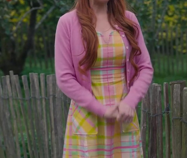 Sleeveless Pastel Plaid A-Line Dress with Soft Yellow and Pink Tones of Lindsay Lohan as Madeline “Maddie” Kelly