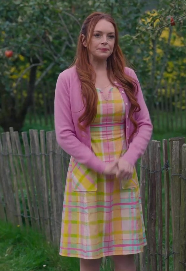 sleeveless pastel plaid a-line dress with soft yellow and pink tones - Lindsay Lohan (Madeline "Maddie" Kelly) - Irish Wish (2024) Movie