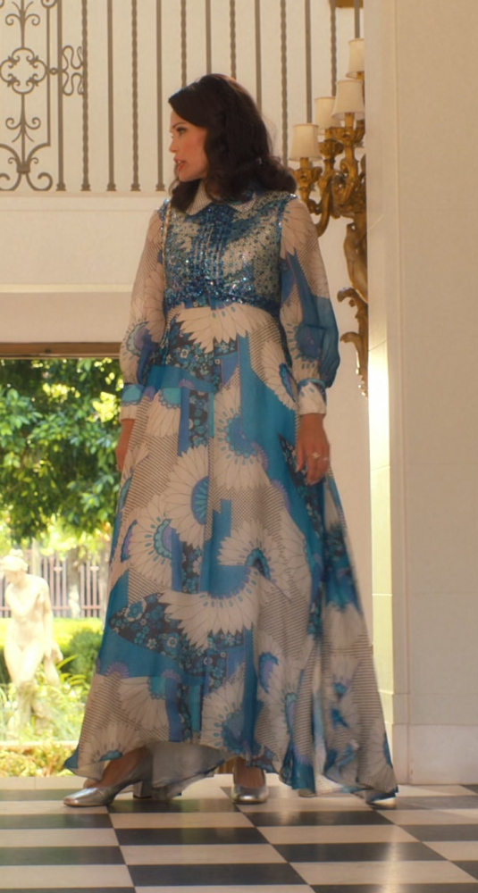 Aquatic Elegance Sequined Maxi Dress with Abstract Floral Print Worn by Laura Dern as Linda