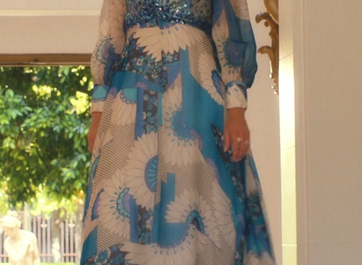 Aquatic Elegance Sequined Maxi Dress with Abstract Floral Print Worn by Laura Dern as Linda
