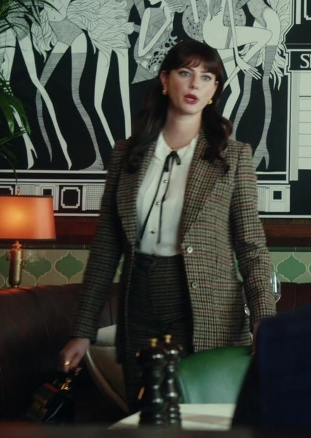Classic Plaid Tweed Blazer with Notched Lapels and Button Front Worn by Kaya Scodelario as Susie Glass