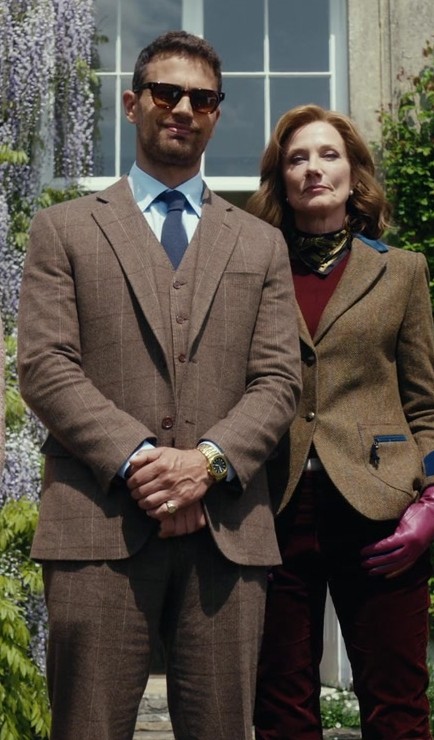 brown tweed three-piece suit - Theo James (Eddie Horniman) - The Gentlemen TV Show