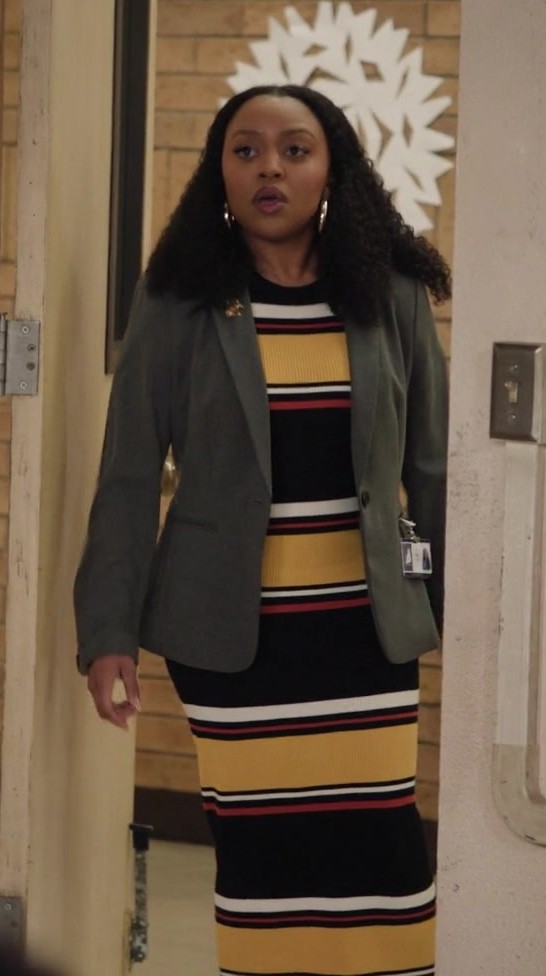 multicolor striped midi length dress - Quinta Brunson (Janine Teagues) - Abbott Elementary TV Show