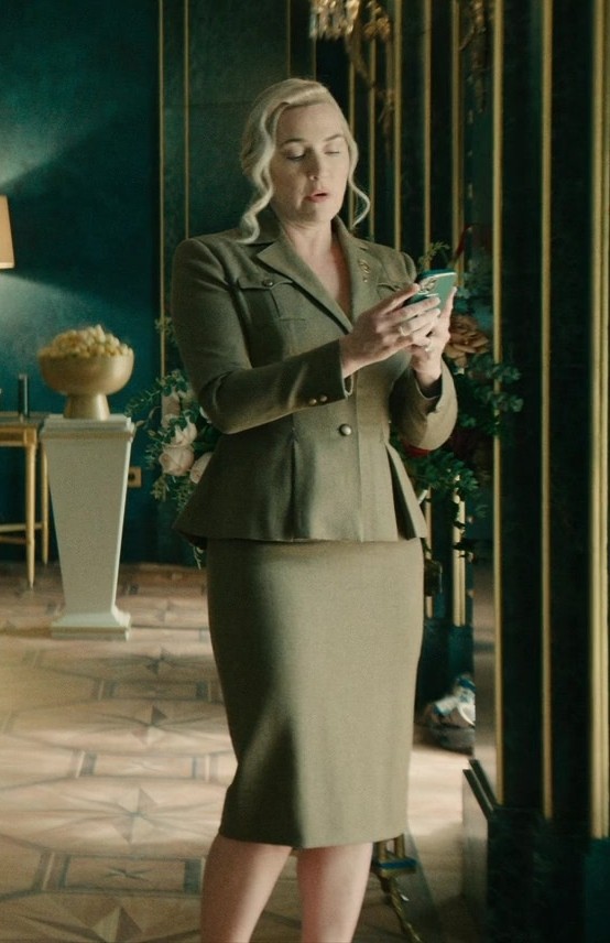 Olive Green High-Waisted Pencil Skirt Worn by Kate Winslet as Chancellor Elena "Lenny" Vernham