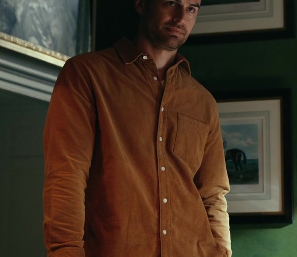 Orange Corduroy Button-Down Casual Shirt with Chest Pocket Worn by Theo James as Eddie Horniman