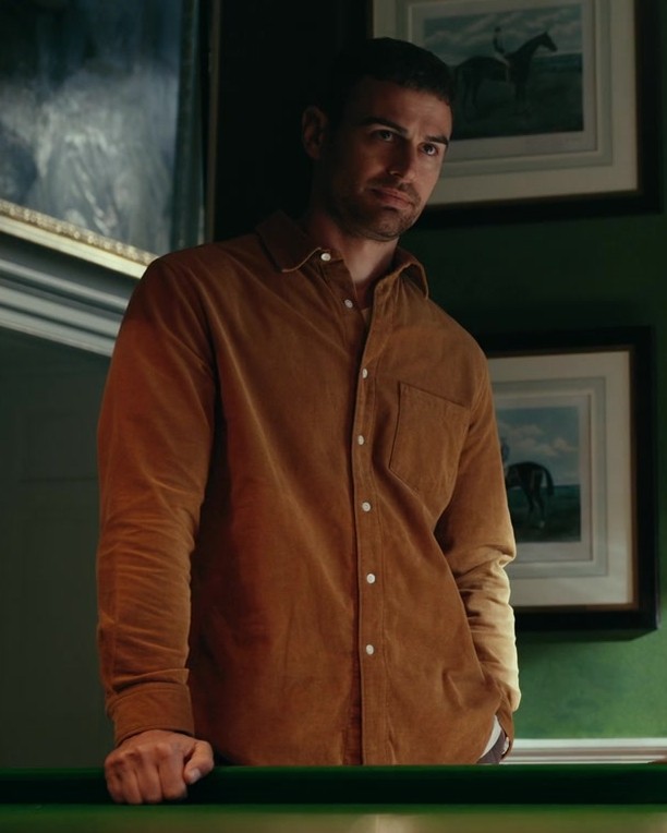 Orange Corduroy Button-Down Casual Shirt with Chest Pocket Worn by Theo James as Eddie Horniman