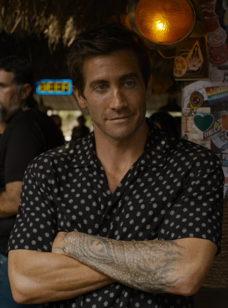 Classic Black Floral Accent Short Sleeve Shirt of Jake Gyllenhaal as Dalton