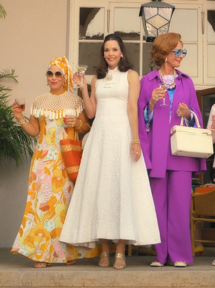 textured white sleeveless tea dress - Leslie Bibb (Dinah) - Palm Royale TV Show