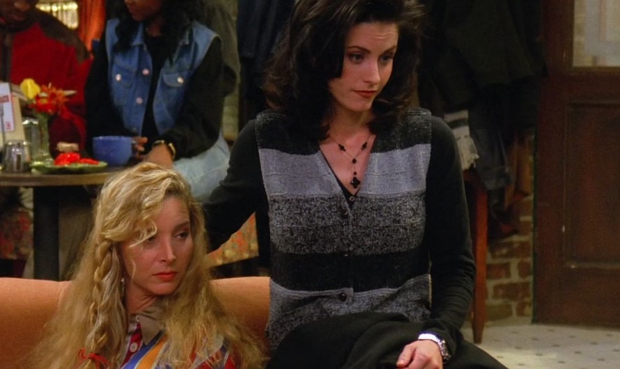 Three-Tone Gray Sleeveless Cardigan Vest Worn by Courteney Cox as Monica Geller