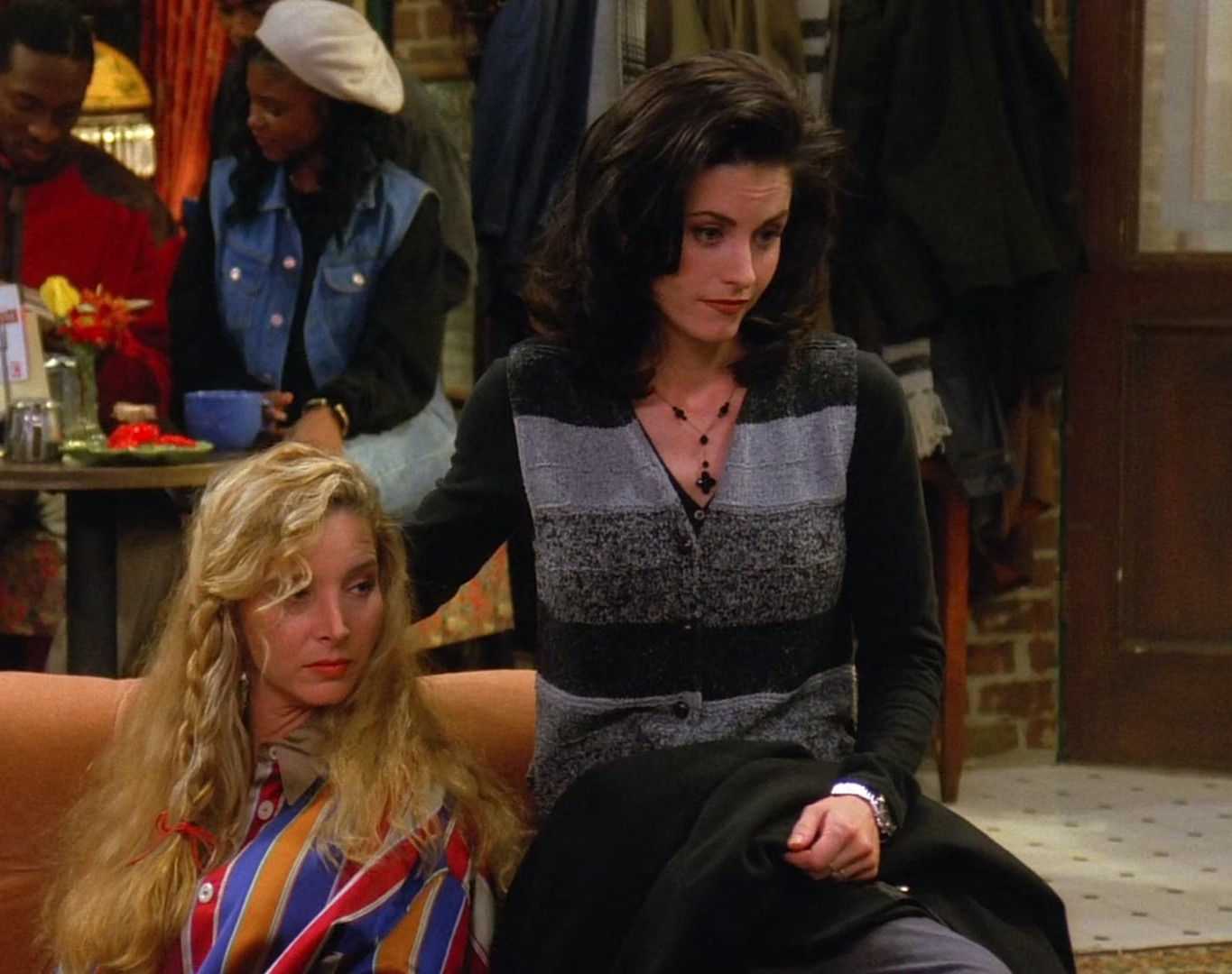 Three-Tone Gray Sleeveless Cardigan Vest Worn by Courteney Cox as Monica Geller