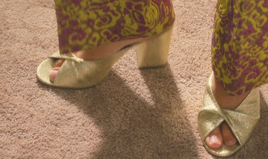 Sparkling Gold Textured Block Heel Sandals Worn by Kristen Wiig as Maxine Simmons