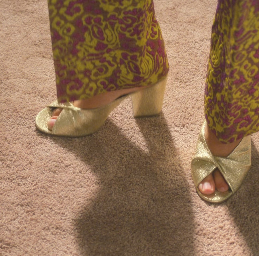 sparkling gold textured block heel sandals - Kristen Wiig (Maxine Simmons) - Palm Royale TV Show
