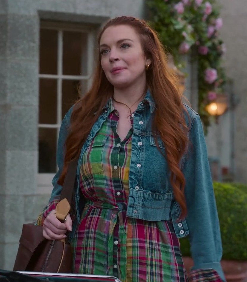 blue cropped denim jacket - Lindsay Lohan (Madeline "Maddie" Kelly) - Irish Wish (2024) Movie