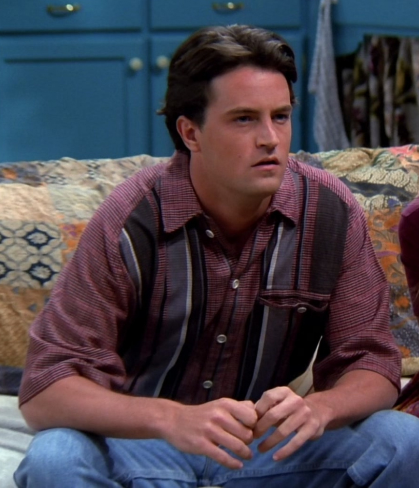 Relaxed Fit Maroon and Charcoal Striped Cotton Shirt of Matthew Perry as Chandler Bing
