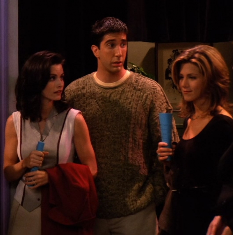 Earth Tone Cable Knit Sweater with Crew Neck and Ribbed Trim Worn by David Schwimmer as Ross Geller