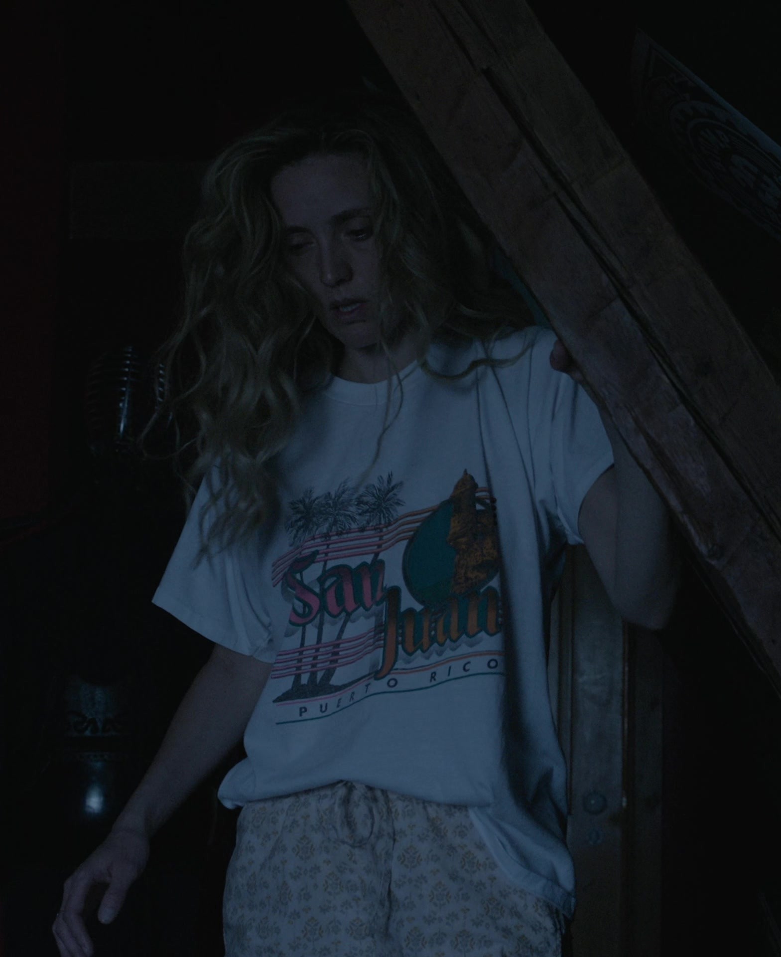 Palm Print and San Juan Puerto Rico Logo Tee Worn by Evelyne Brochu as Sophie Tremblay