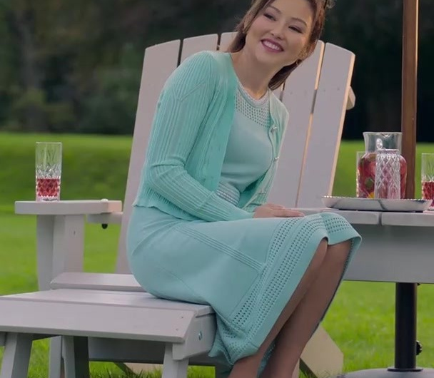 Mint Green Knit Cardigan with Ribbed Edges and Button Closure Worn by Elizabeth Tan as Emma Taylor