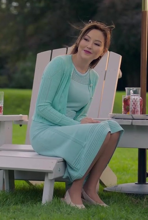 pastel turquoise knitted dress with perforated accents - Elizabeth Tan (Emma Taylor) - Irish Wish (2024) Movie