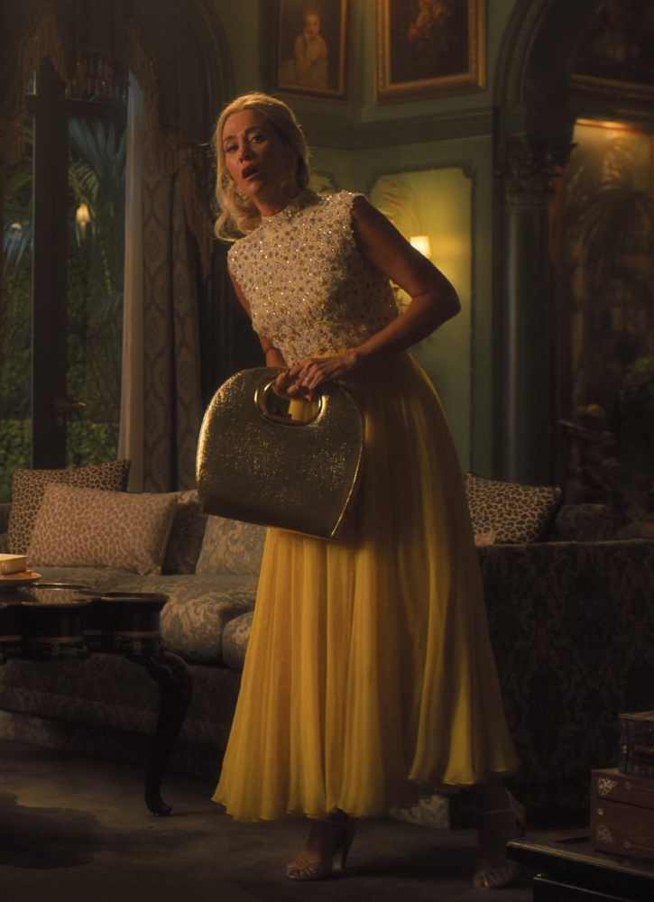 golden sparkle evening bag with round handle - Kristen Wiig (Maxine Simmons) - Palm Royale TV Show