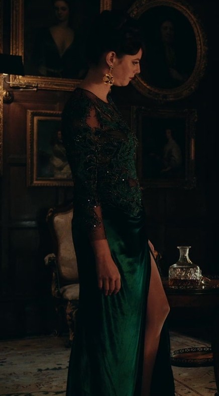 Opulent Green Velvet Dress with Sequin Embellishments Worn by Kaya Scodelario as Susie Glass