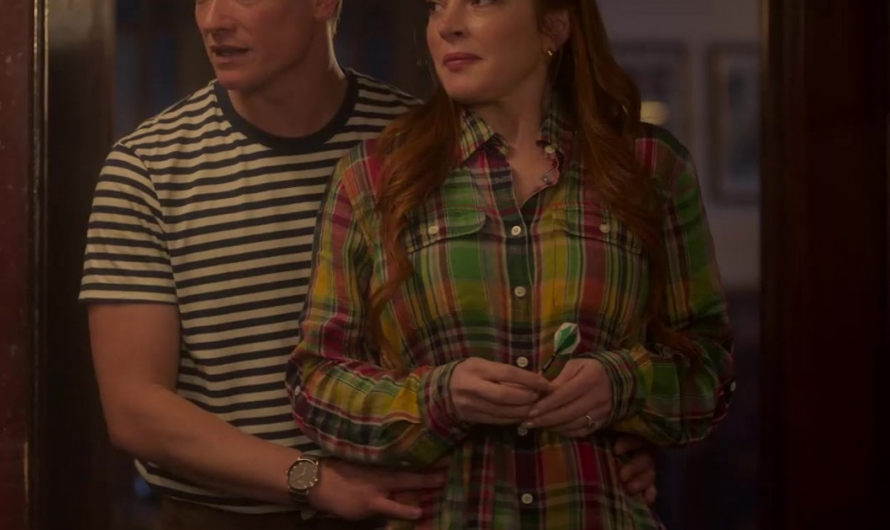 Autumnal Hues Long Sleeve Plaid Shirt Dress with Belted Waist Worn by Lindsay Lohan as Madeline “Maddie” Kelly