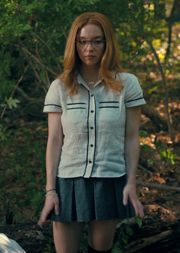 Linen Button-Up Shirt with Black Contrast Trim Worn by Sydney Sweeney as Julia Cornwall