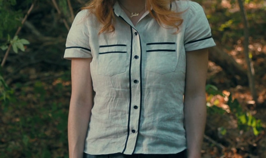 Linen Button-Up Shirt with Black Contrast Trim Worn by Sydney Sweeney as Julia Cornwall